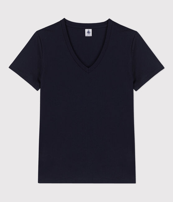 La camiseta RECTA de algodón con cuello de pico para mujer azul SMOKING