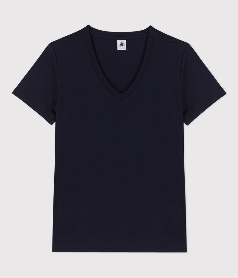 La camiseta RECTA de algod&oacute;n con cuello de pico para mujer azul