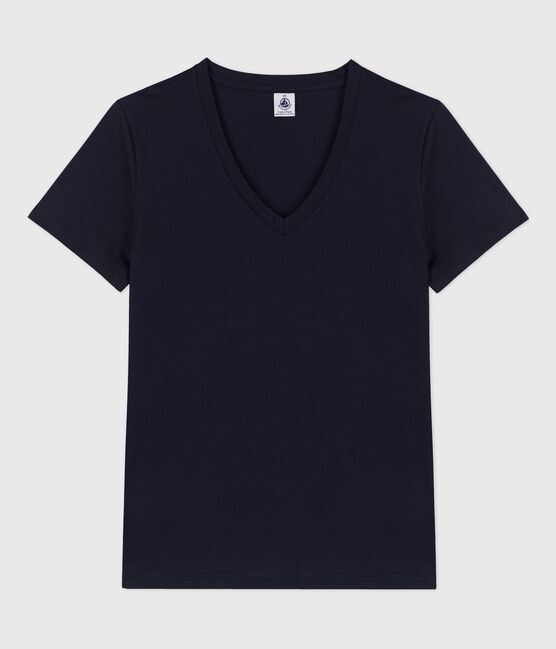 La camiseta RECTA de algodón con cuello de pico para mujer azul SMOKING