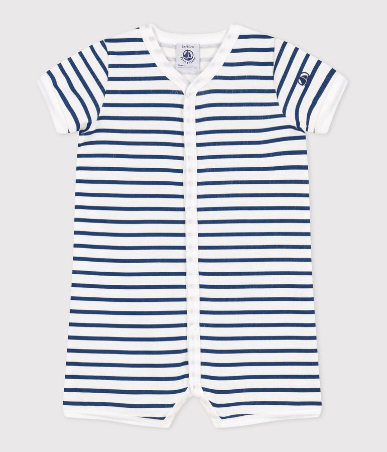 Pelele corto de algod&oacute;n a rayas para beb&eacute; blanco/azul