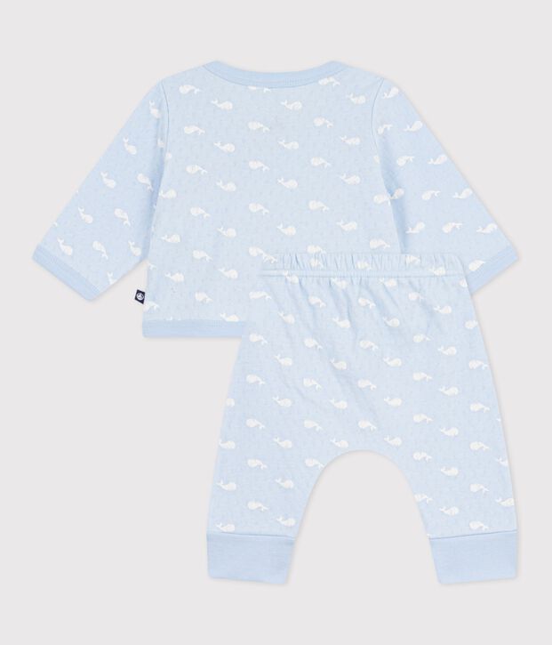 Conjunto largo de 2 piezas de algod&oacute;n con estampado de ballenas para beb&eacute; azul/crudo