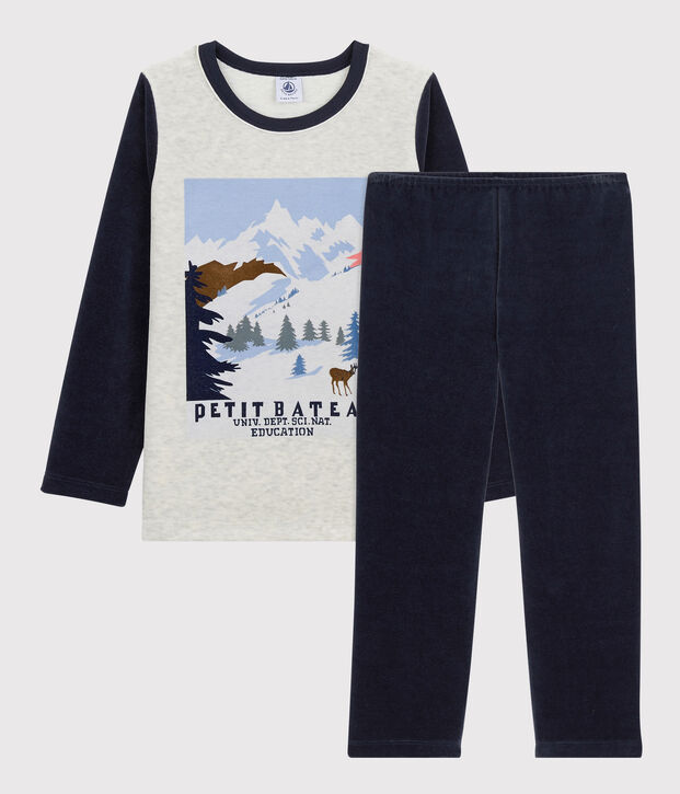 Pijama con motivo de monta&ntilde;a de ni&ntilde;o de terciopelo beige/multicolor
