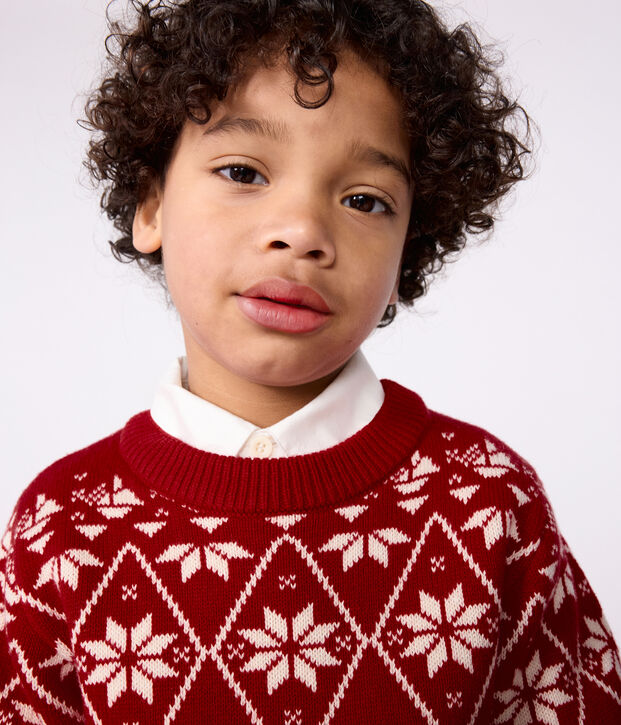Jersey infantil de lana y algod&oacute;n con estampados rojo/crudo