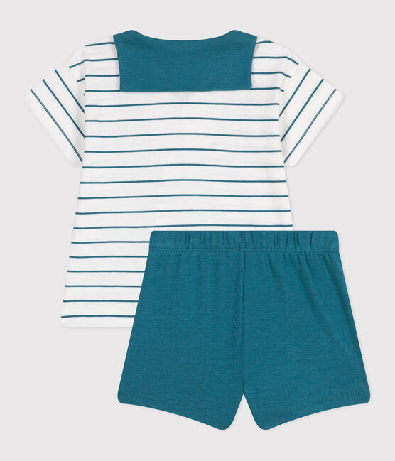 Conjunto de dos piezas de algodón con camiseta a rayas y pantalón corto liso para bebé verde MARSHMALLOW/ DRAGONFLY