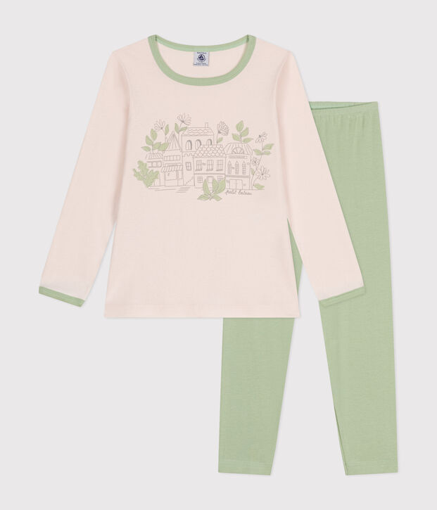 Pijama de manga larga de ni&ntilde;a de algod&oacute;n beige/verde