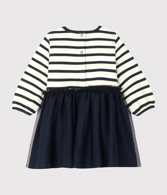 Vestido de manga larga y dos materiales de bebé niña beige COQUILLE/azul SMOKING