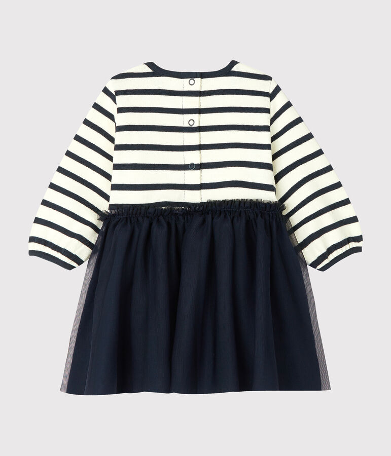 Vestido de manga larga y dos materiales de beb&eacute; ni&ntilde;a beige COQUILLE/azul SMOKING