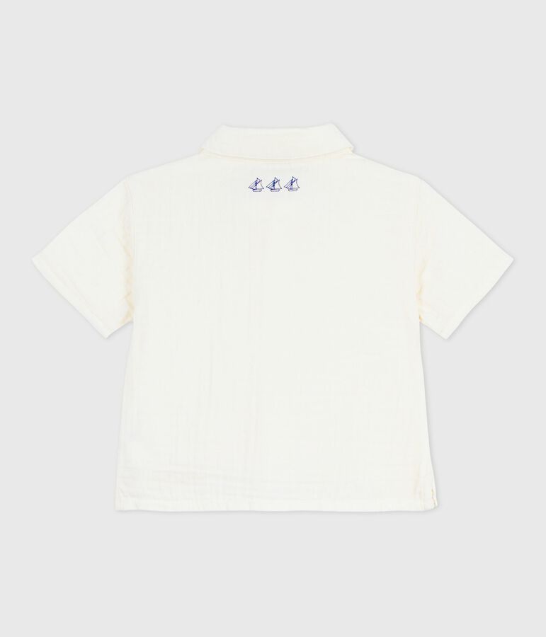 Camisa lisa de algod&oacute;n/lino de manga corta para beb&eacute; blanco MARSHMALLOW