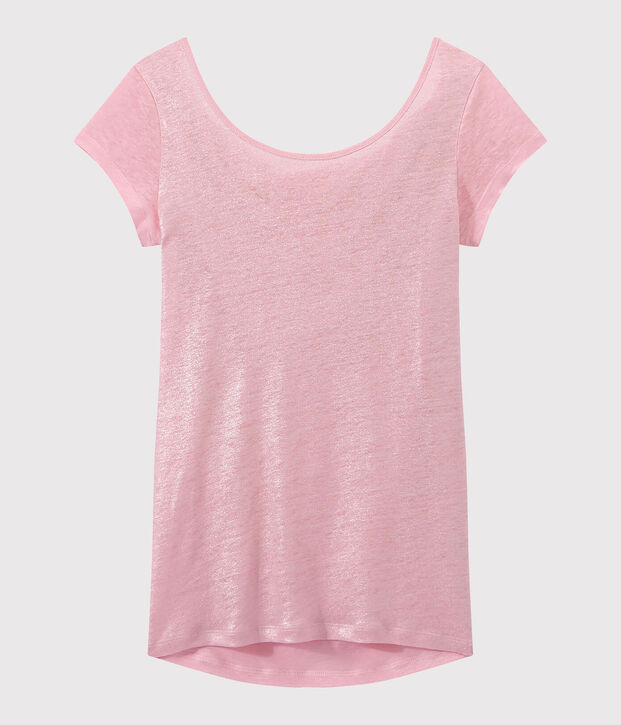 Camiseta de lino con cuello redondo rosa/gris