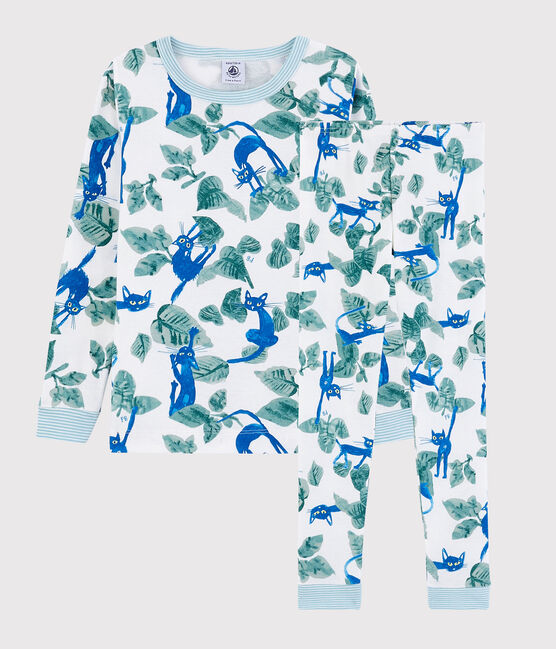 Pijama snugfit con estampado de gato de algodón de niño blanco MARSHMALLOW/blanco MULTICO