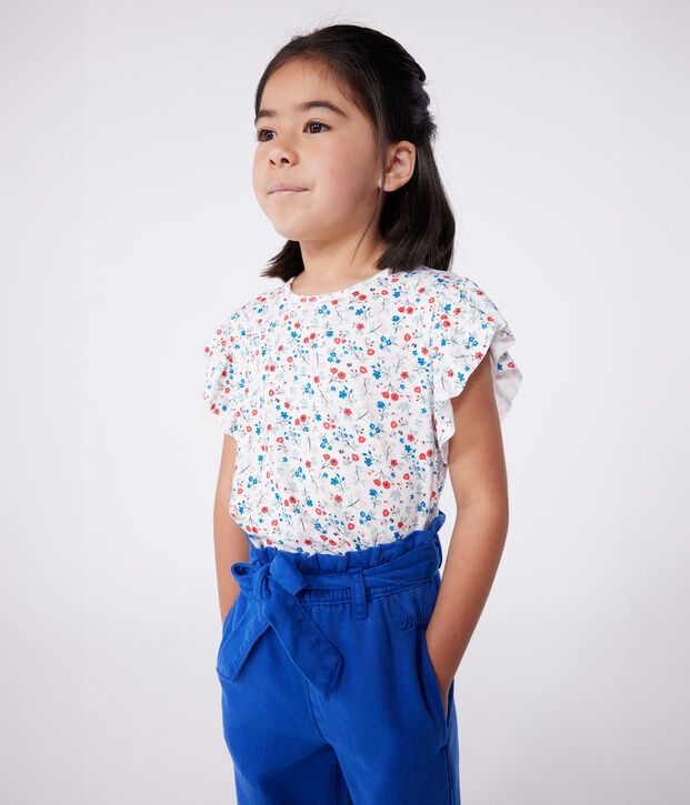Camiseta infantil de manga corta de algod&oacute;n con flores blanco/multicolor