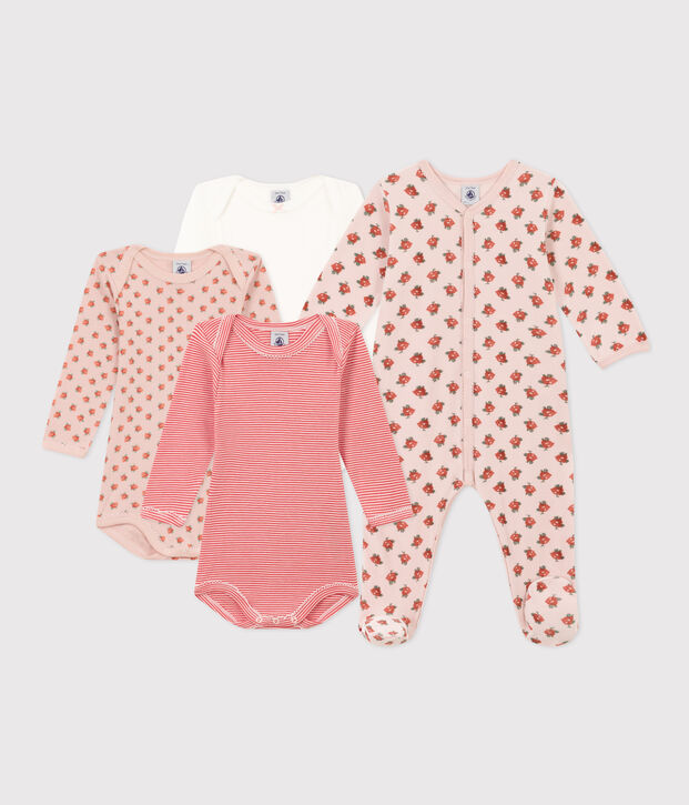 Lote de 1 pijama y 3 bodis de flores para beb&eacute; multicolor