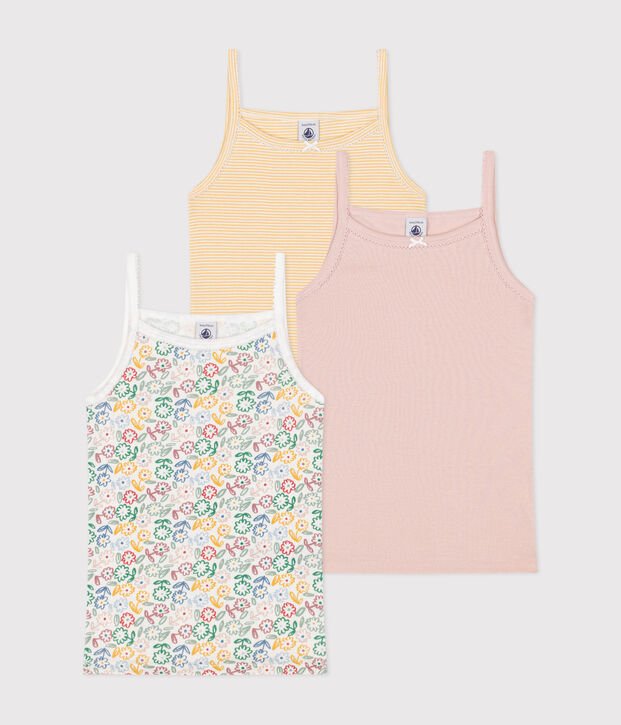 Juego de 3 camisetas infantiles de tirantes finos de algod&oacute;n con flor multicolor