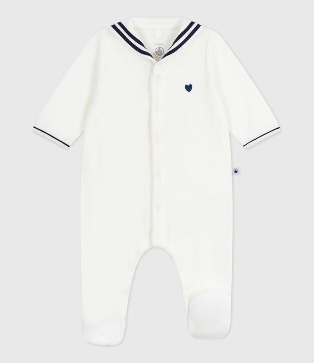 Pijama de beb&eacute; de Terciopelo liso con cuello tipo vareuse blanco