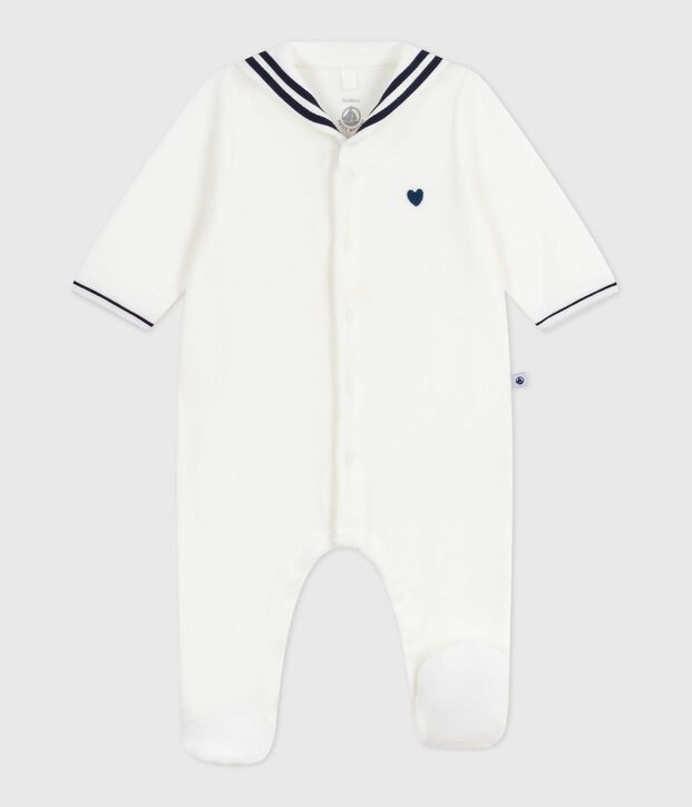 Pijama de terciopelo con cuello de uniforme para beb&eacute; blanco