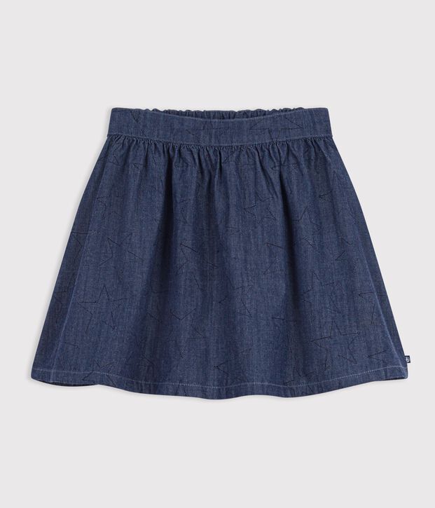 Falda corta de tejido denim liso con estampado de estrellas azul