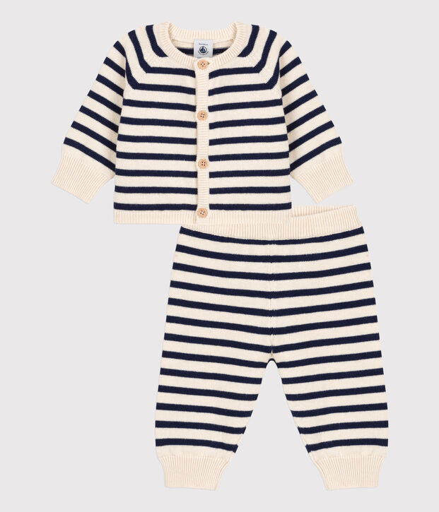 Conjunto de 2 prendas de punto tricotado de lana y algod&oacute;n a rayas marineras para beb&eacute; crudo/azul
