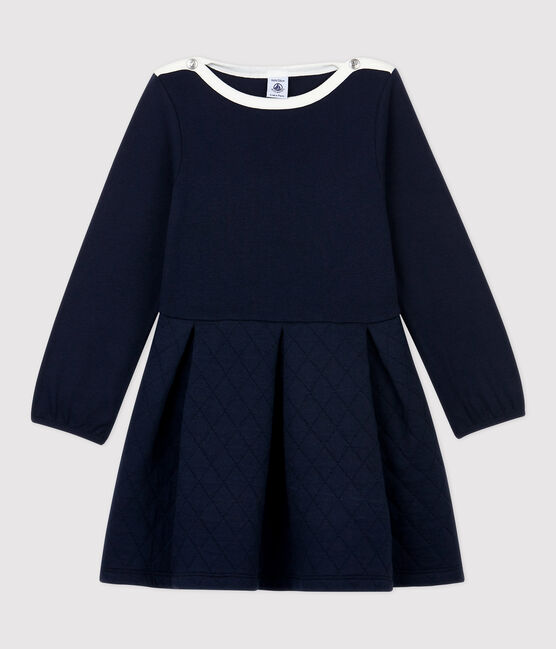 Vestido de manga larga de algodón y tejido túbico de niña azul SMOKING