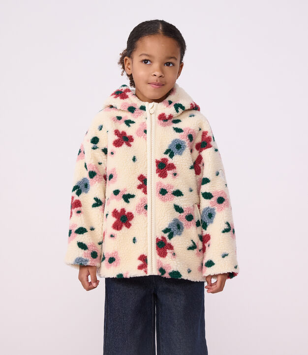 Chaqueta infantil de borreguito con flores y capucha crudo/multicolor