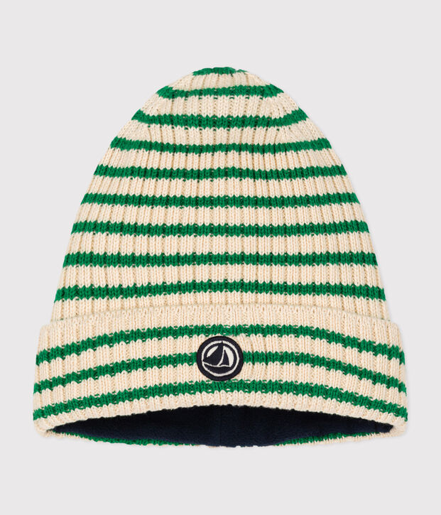 Gorro infantil de punto tricotado con forro polar a rayas crudo/verde