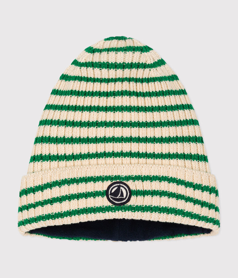 Gorro infantil de punto tricotado con forro polar a rayas crudo/verde