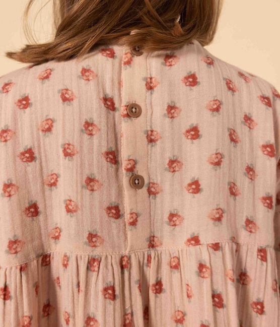 Vestido de manga larga de gasa de algodón con flores de niña rosa SALINE/blanco MULTICO