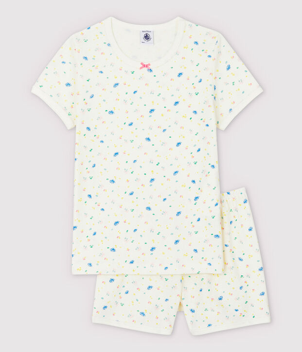 Pijama corto de flores de ni&ntilde;a de algod&oacute;n y lino blanco/multicolor