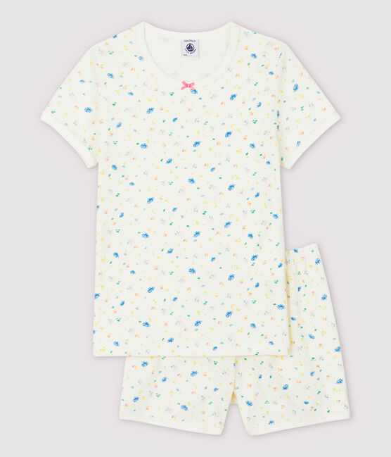Pijama corto de flores de niña de algodón y lino blanco MARSHMALLOW/blanco MULTICO