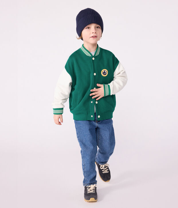 Chaqueta teddy infantil lisa de algod&oacute;n verde/crudo