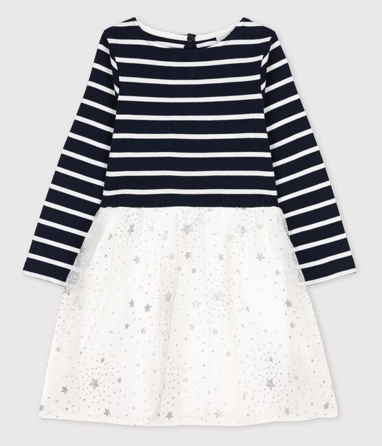 Vestido de manga larga de algodón y tul de niña azul SMOKING/blanco MARSHMALLOW