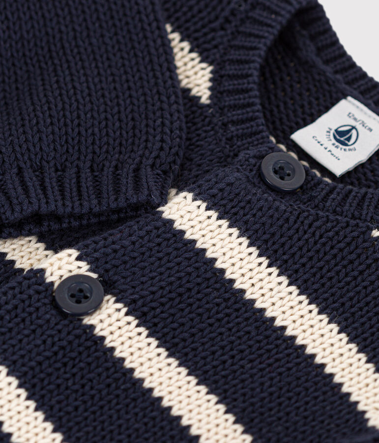 C&aacute;rdigan de punto tricotado de algod&oacute;n a rayas para beb&eacute; azul/crudo