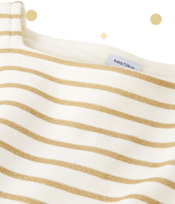 Vestido bi-materia de rayas brillantes beige COQUILLE/amarillo LUREX DORE