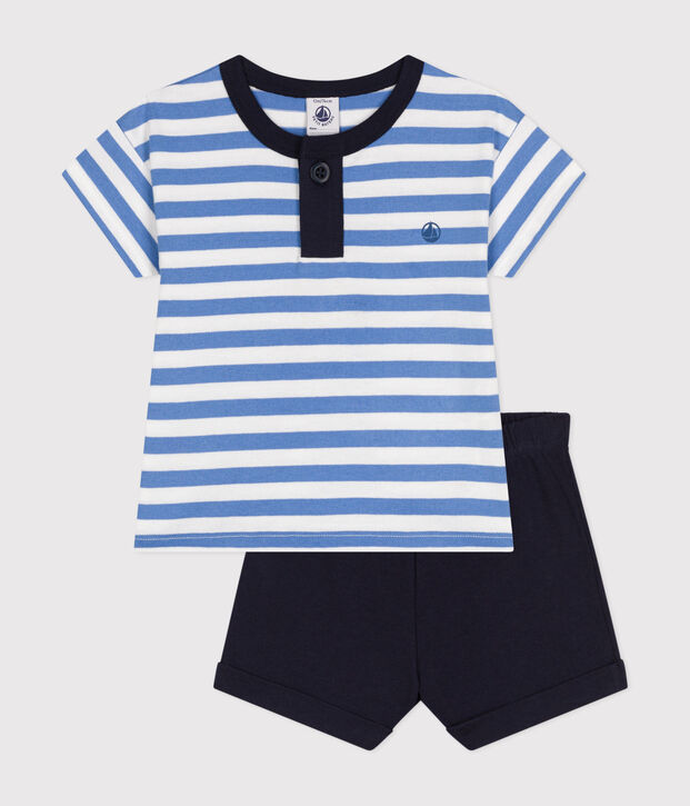 Conjunto de camiseta y pantal&oacute;n corto de punto para beb&eacute; azul/blanco
