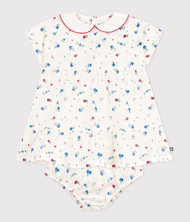 Vestido de algod&oacute;n de manga corta y pololo con estampado de flores para beb&eacute; blanco/multicolor