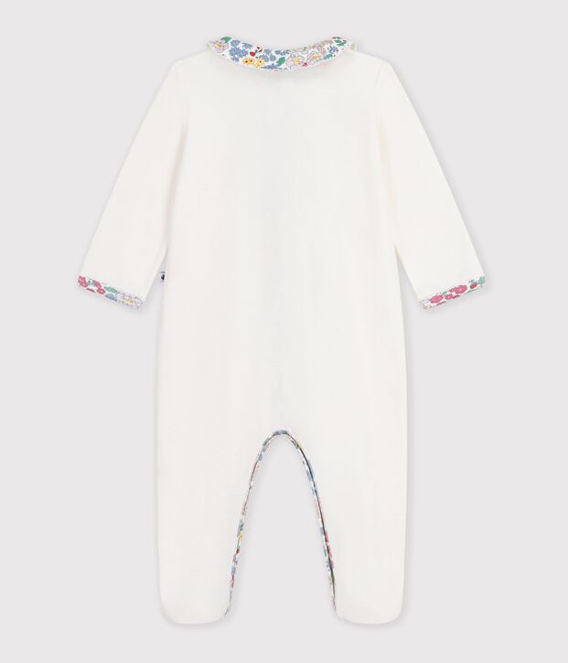Pijama liso de terciopelo con cuello con estampado de flores para beb&eacute; blanco