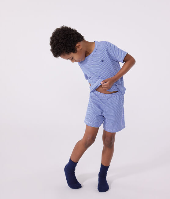 Pijama infantil corto de algodón a rayas azul PERSE/blanco MARSHMALLOW