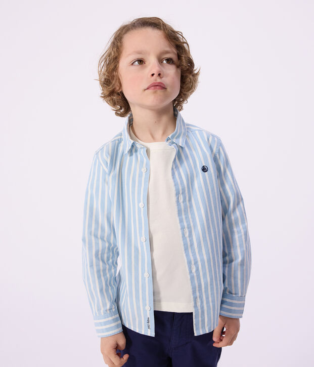 Camisa infantil de algod&oacute;n de manga larga a rayas azul/blanco
