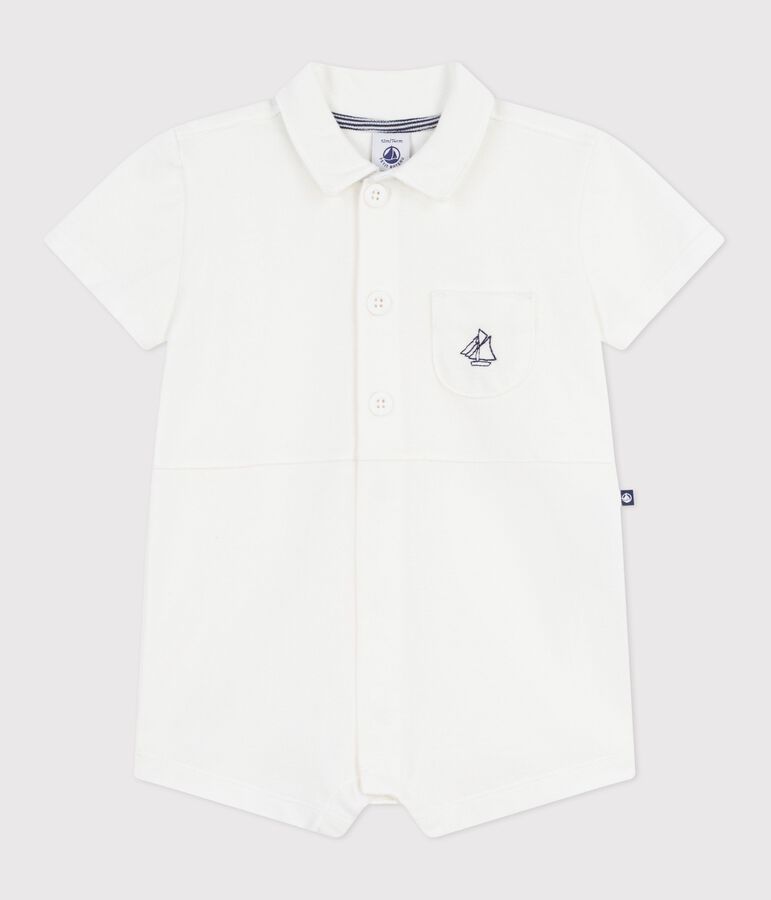 Pelele corto de algod&oacute;n liso con cuello de polo para beb&eacute; blanco