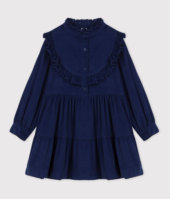 Vestido de manga larga de micro pana de niña BLEU FONCE