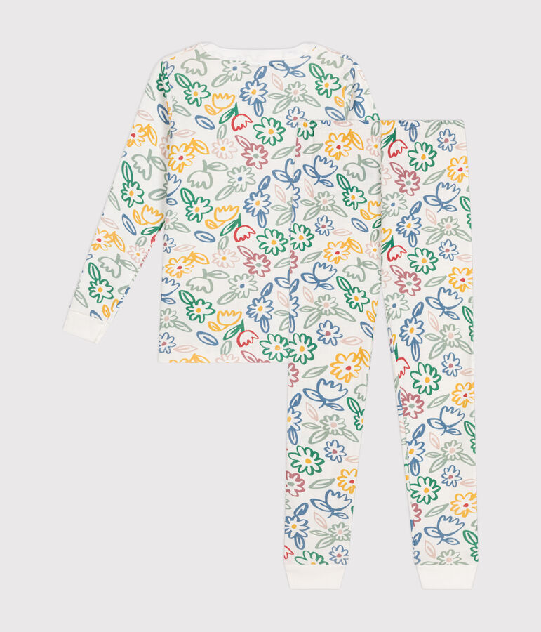 Pijama infantil ajustado de algod&oacute;n con estampado de flores blanco/multicolor