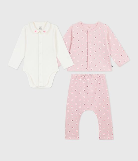 Conjunto de 3 piezas con estampado de corazones y flores y body bordado para bebé rosa JOLI/blanco MULTICO