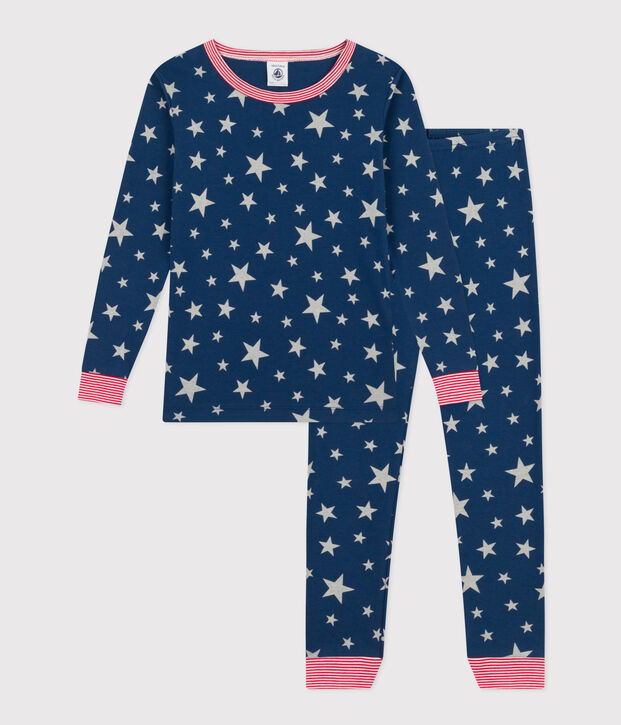 Pijama infantil ajustado y fluorescente de algod&oacute;n con estampado de estrellas azul/blanco