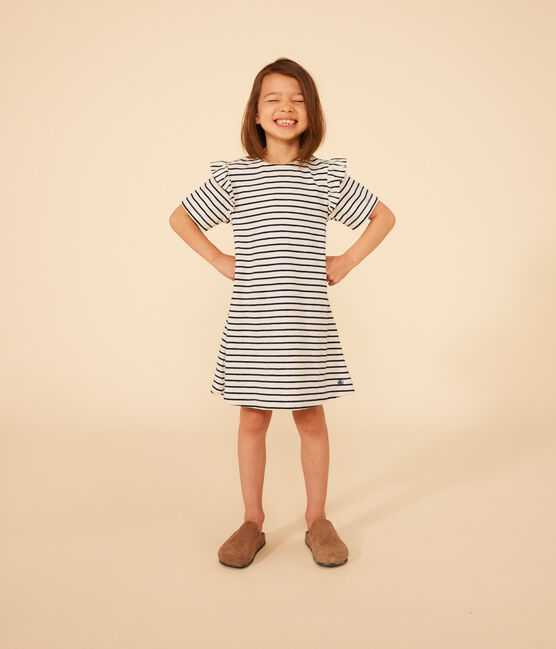 Vestido de manga corta de algodón a rayas para niña blanco AVALANCHE/azul SMOKING