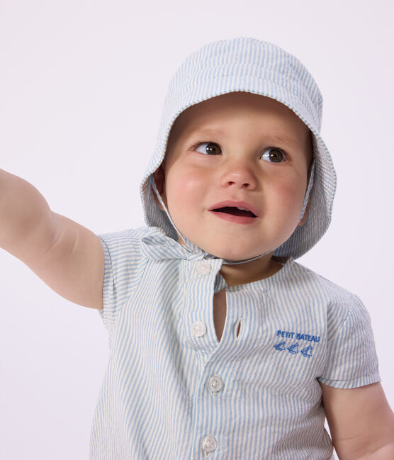 Gorro de lluvia anudable de seersucker para bebé azul FLO/ MARSHMALLOW