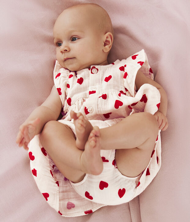 Vestido de algod&oacute;n y pololo con estampado de corazones para beb&eacute; rojo/rojo