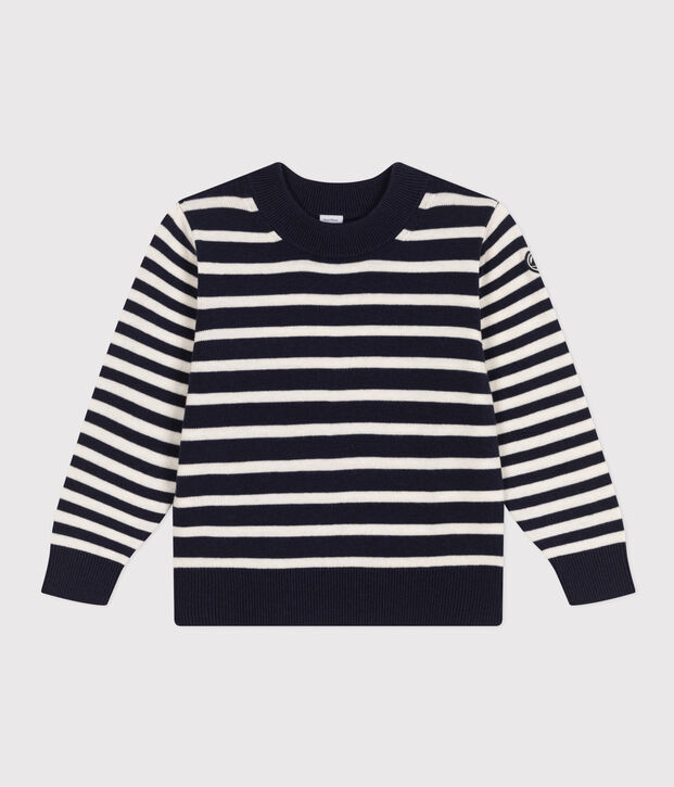 Jersey infantil de lana y algod&oacute;n a rayas azul/blanco