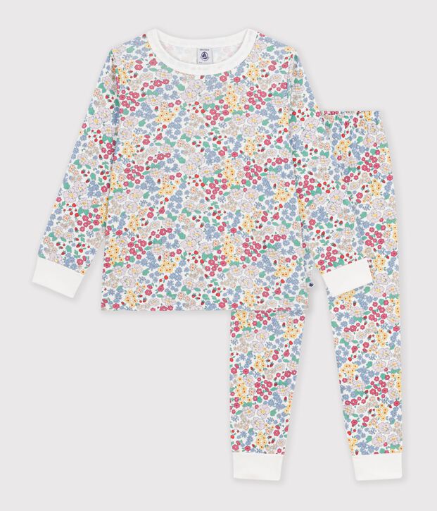 Pijama infantil de algod&oacute;n con flores blanco/multicolor