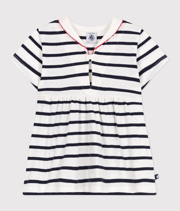 Vestido marinero de algod&oacute;n con manga corta y cuello de uniforme para beb&eacute; blanco/azul