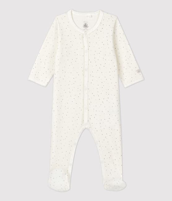 Pijama enterizo blanco con estrellas de bebé en terciopelo de algodón ecológico blanco MARSHMALLOW/blanco MULTICO