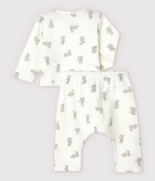 Conjunto de 2 prendas blancas de conejitos de tejido tubular de algod&oacute;n ecol&oacute;gico de beb&eacute; blanco/gris